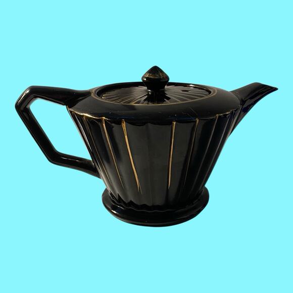 Vintage Sadler Teapot Black W/Gold Stripes MCM England Retro Art Deco Small Ding - Picture 2 of 9